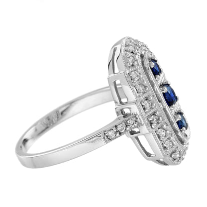 Blue Sapphire & Diamond Art Deco Style Three Stone Vintage Inspired Ring