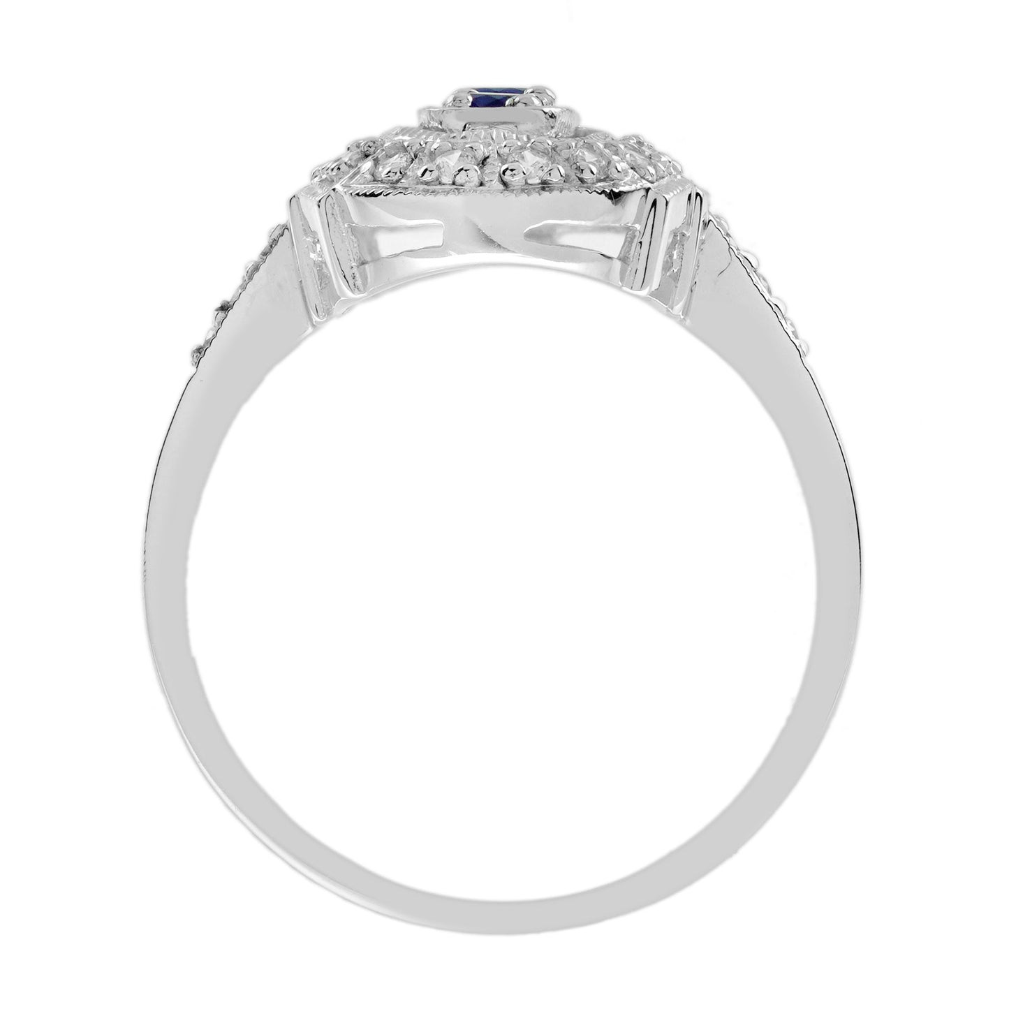 blue sapphire & diamond art deco style three stone vintage inspired ring