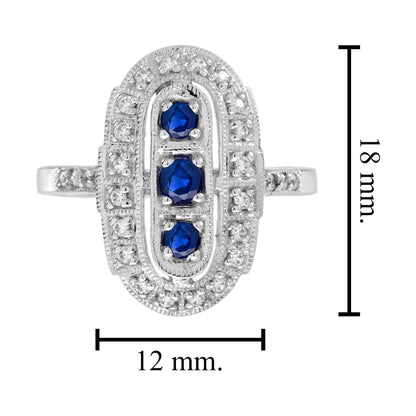 Blue Sapphire & Diamond Art Deco Style Three Stone Vintage Inspired Ring