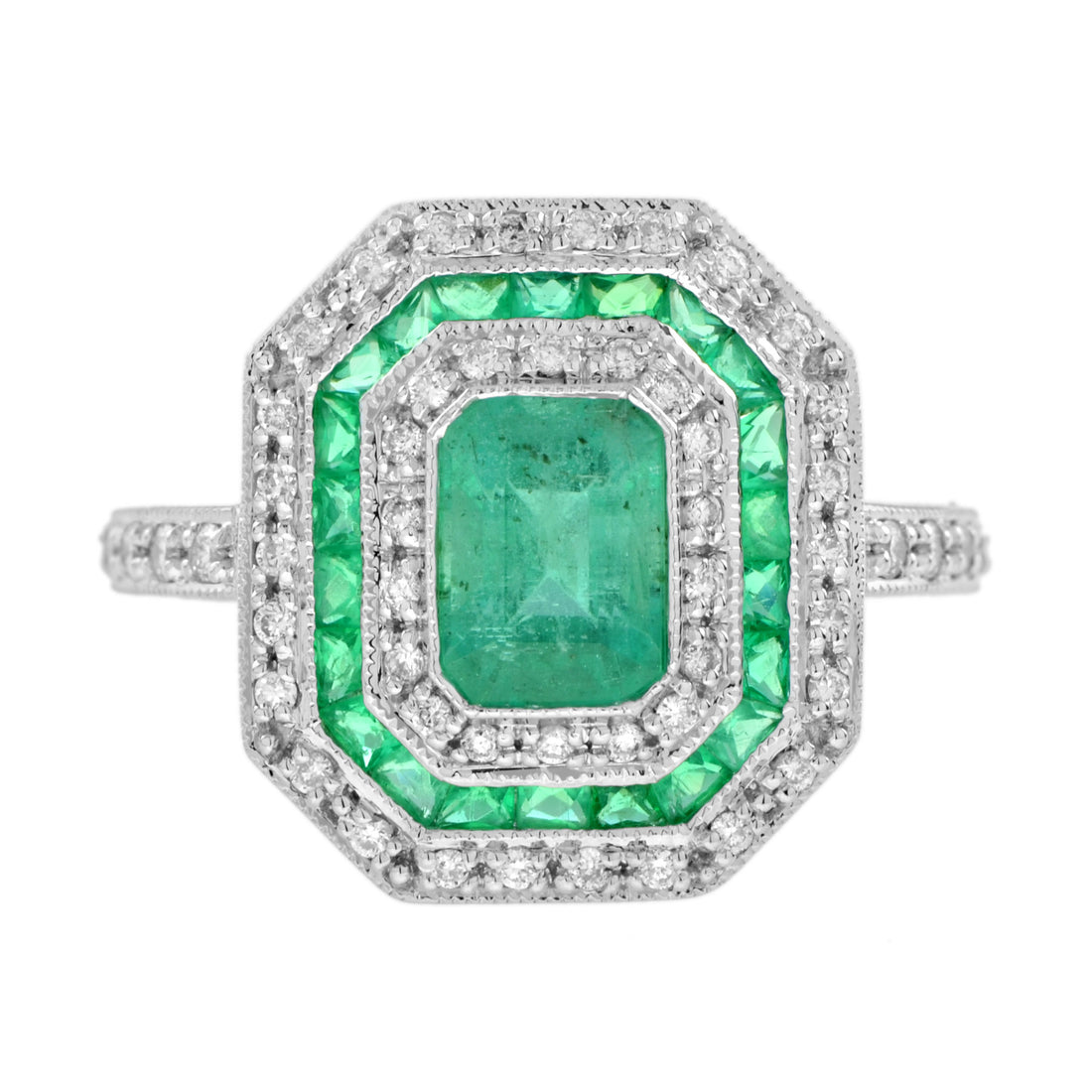 Green Emerald &amp; Diamond Art Deco Style Double Halo Set Engagement Gold Ring