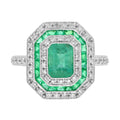 Green Emerald & Diamond Art Deco Style Double Halo Set Engagement Gold Ring
