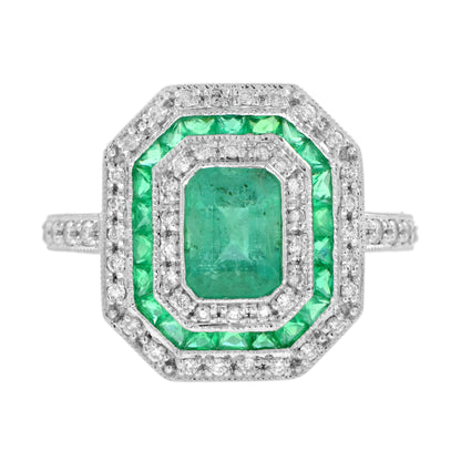 Green Emerald &amp; Diamond Art Deco Style Double Halo Set Engagement Gold Ring
