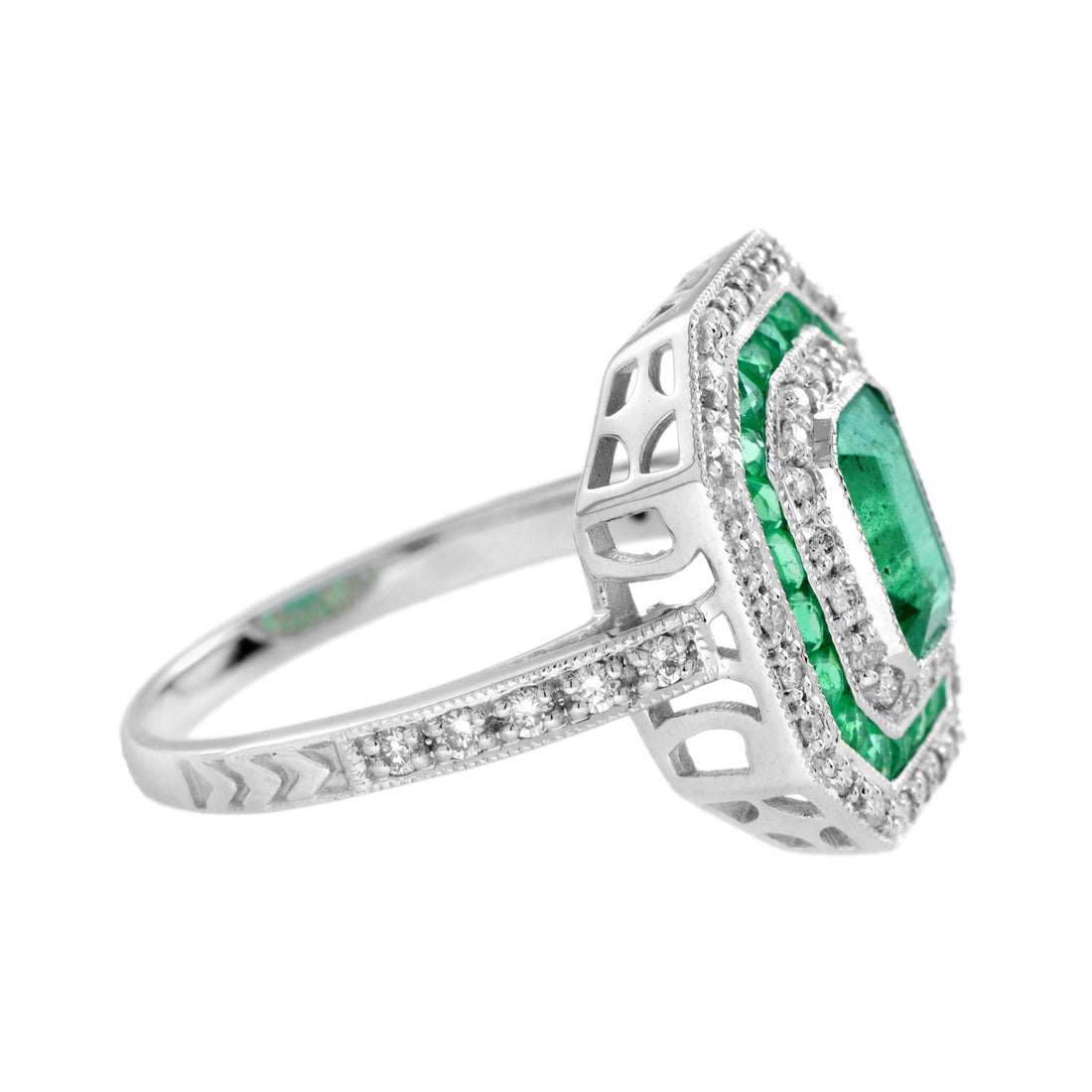 Green Emerald &amp; Diamond Art Deco Style Double Halo Set Engagement Gold Ring