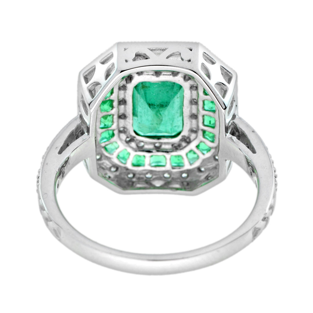 Green Emerald & Diamond Art Deco Style Double Halo Set Engagement Gold Ring