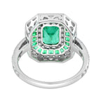 Green Emerald & Diamond Art Deco Style Double Halo Set Engagement Gold Ring