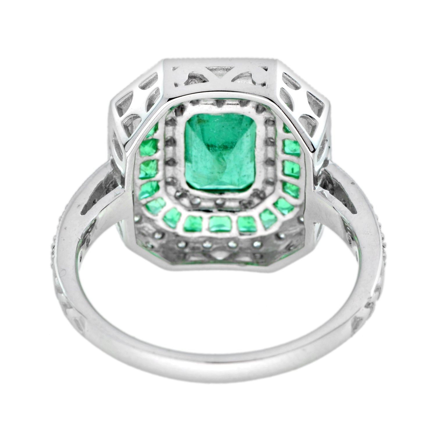 Green Emerald &amp; Diamond Art Deco Style Double Halo Set Engagement Gold Ring