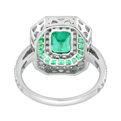 Green Emerald &amp; Diamond Art Deco Style Double Halo Set Engagement Gold Ring