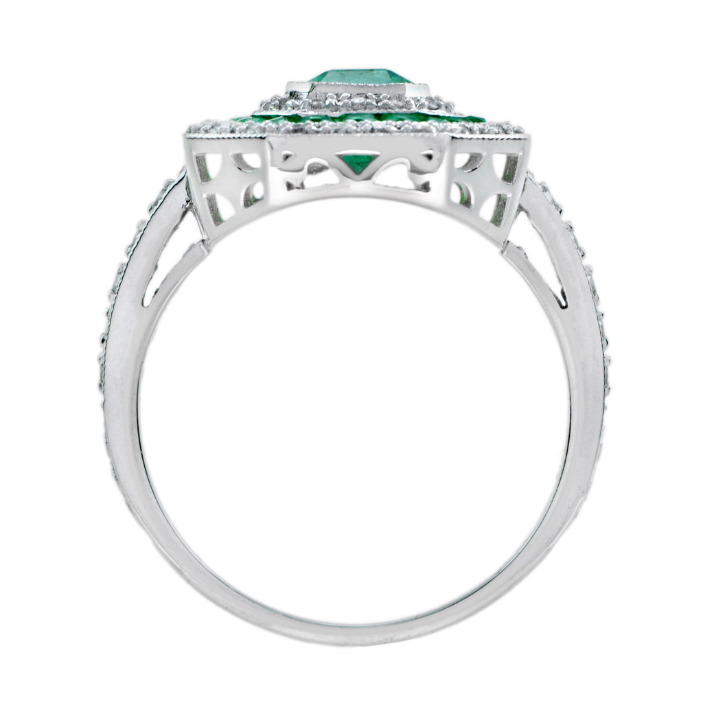 Green Emerald & Diamond Art Deco Style Double Halo Set Engagement Gold Ring