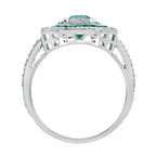 Green Emerald & Diamond Art Deco Style Double Halo Set Engagement Gold Ring