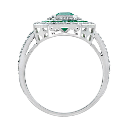Green Emerald &amp; Diamond Art Deco Style Double Halo Set Engagement Gold Ring