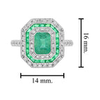 Green Emerald & Diamond Art Deco Style Double Halo Set Engagement Gold Ring