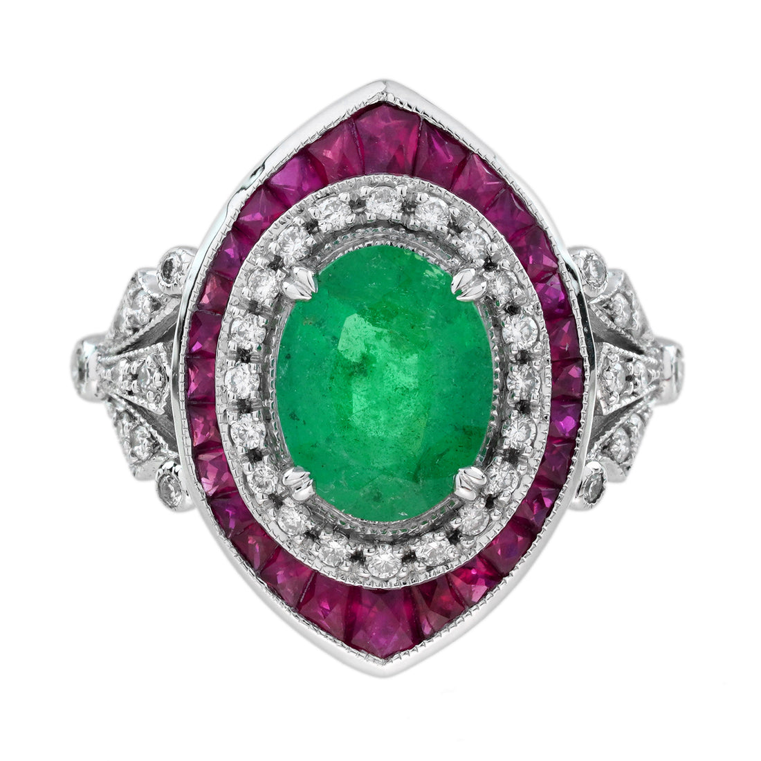 Oval Emerald Ruby & Diamond Art Deco Style Floral 18K White Gold Halo Ring
