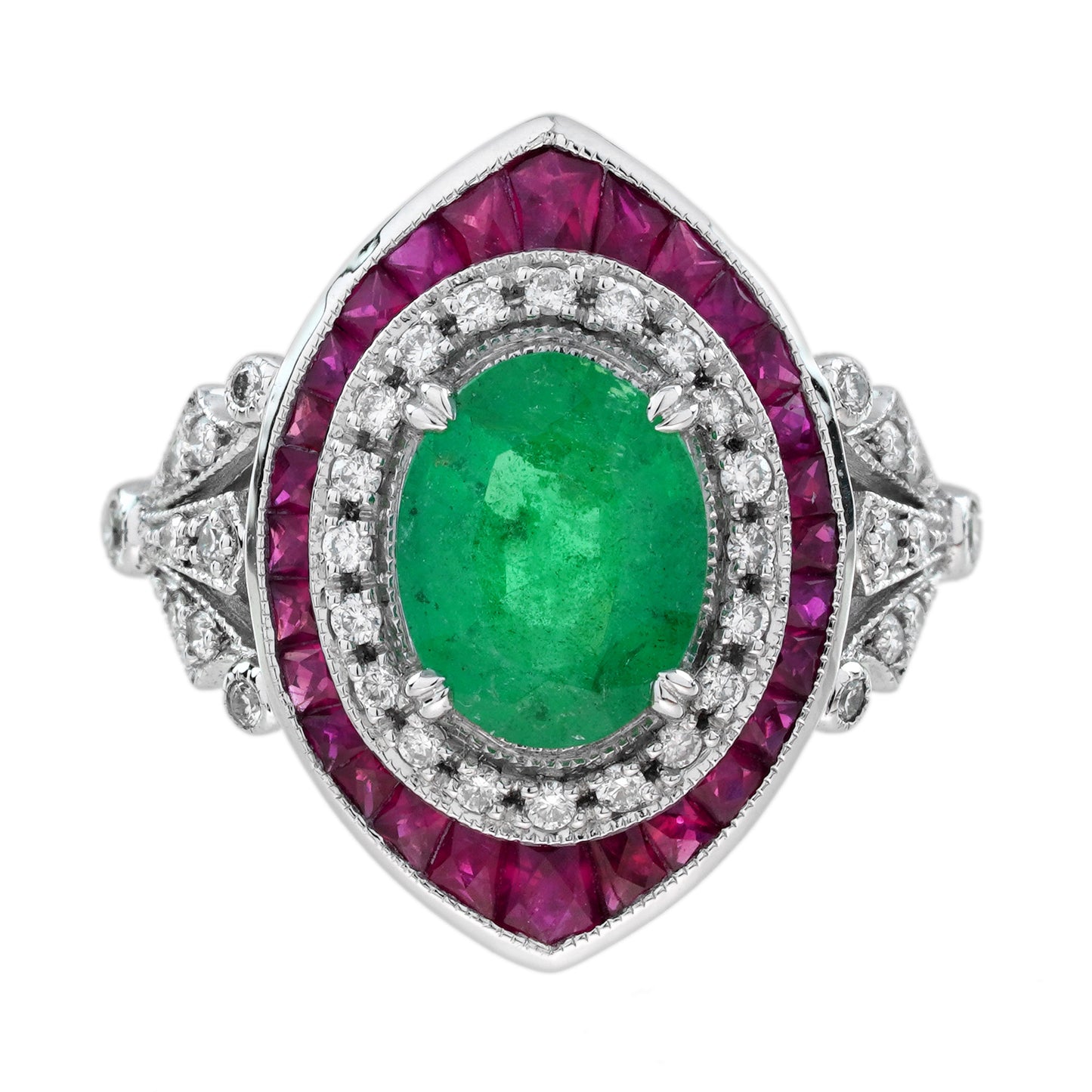 oval emerald ruby & diamond art deco style floral 18k white gold halo ring