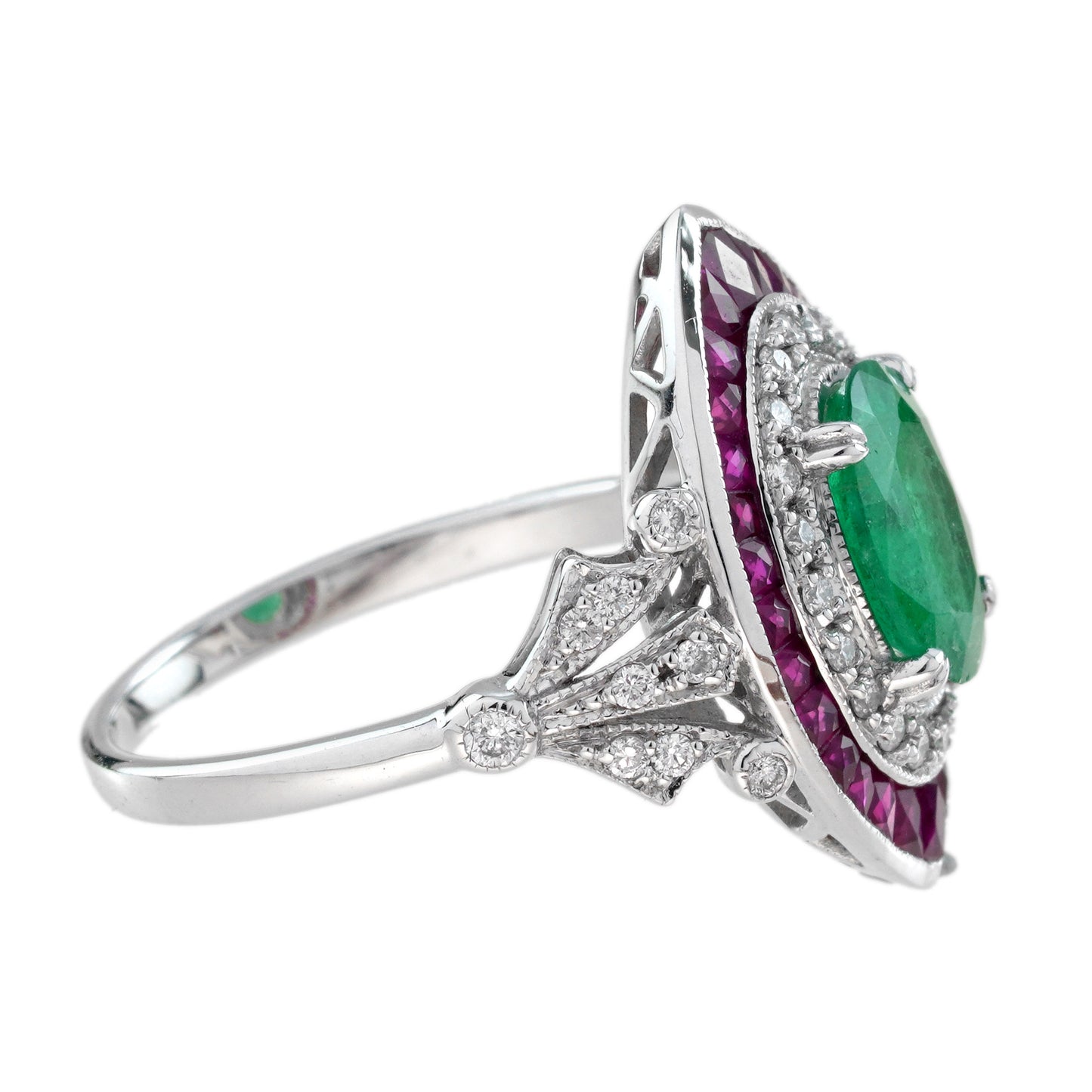 oval emerald ruby & diamond art deco style floral 18k white gold halo ring