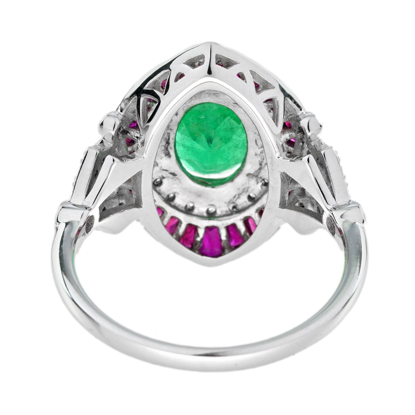 oval emerald ruby & diamond art deco style floral 18k white gold halo ring