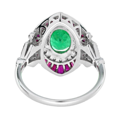 Oval Emerald Ruby & Diamond Art Deco Style Floral 18K White Gold Halo Ring