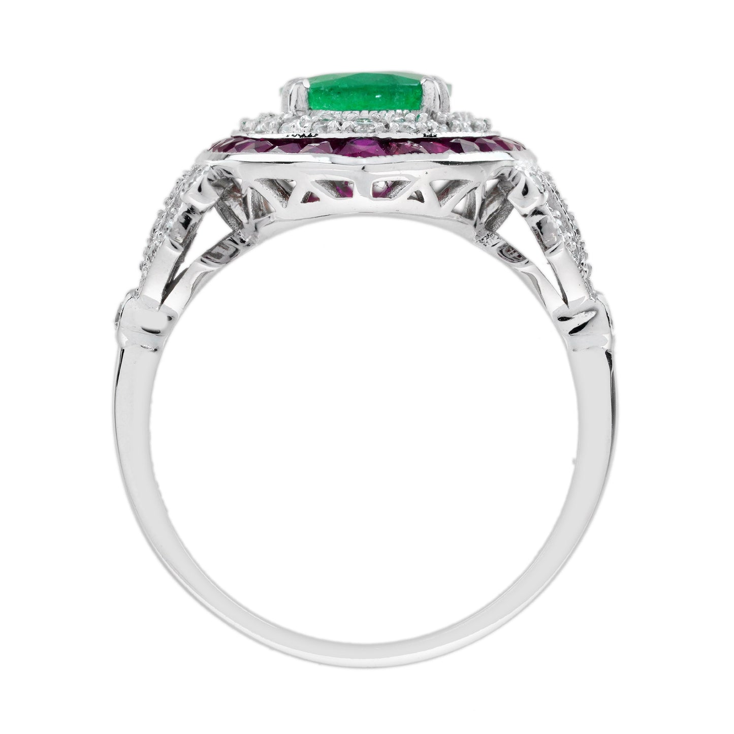 oval emerald ruby & diamond art deco style floral 18k white gold halo ring