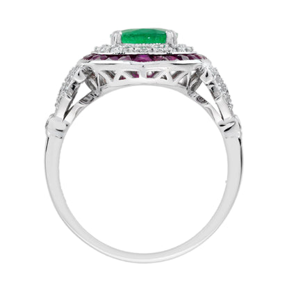 Oval Emerald Ruby & Diamond Art Deco Style Floral 18K White Gold Halo Ring