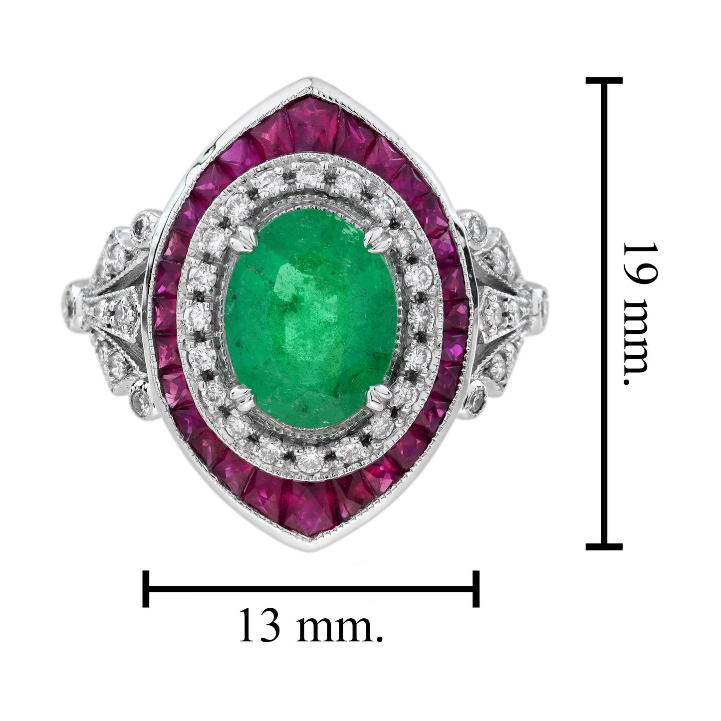 oval emerald ruby & diamond art deco style floral 18k white gold halo ring