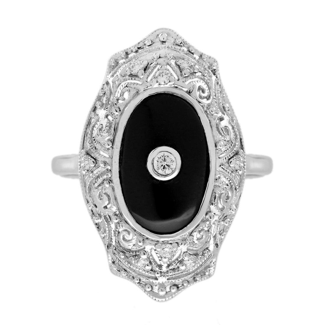 Diamond & Black Onyx Edwardian Inspired Style Dinner 14K White Gold Ring