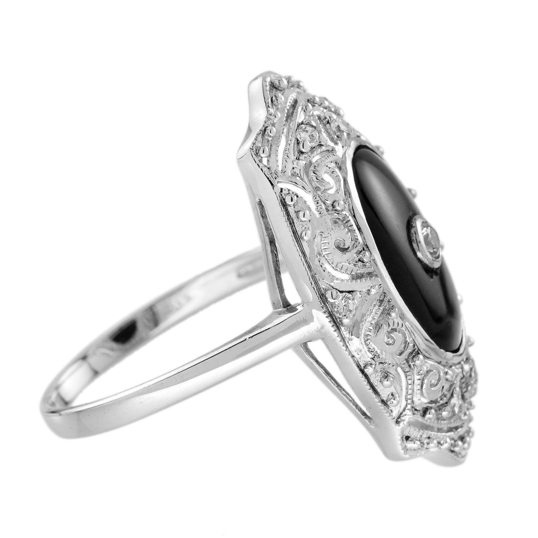 Diamond &amp; Black Onyx Edwardian Inspired Style Dinner 14K White Gold Ring