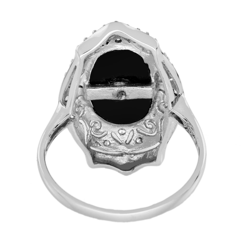 Diamond & Black Onyx Edwardian Inspired Style Dinner 14K White Gold Ring