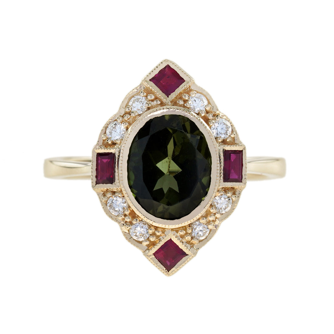 Green Tourmaline Ruby & Diamond Art Deco Style Halo 14K Yellow Gold Ring