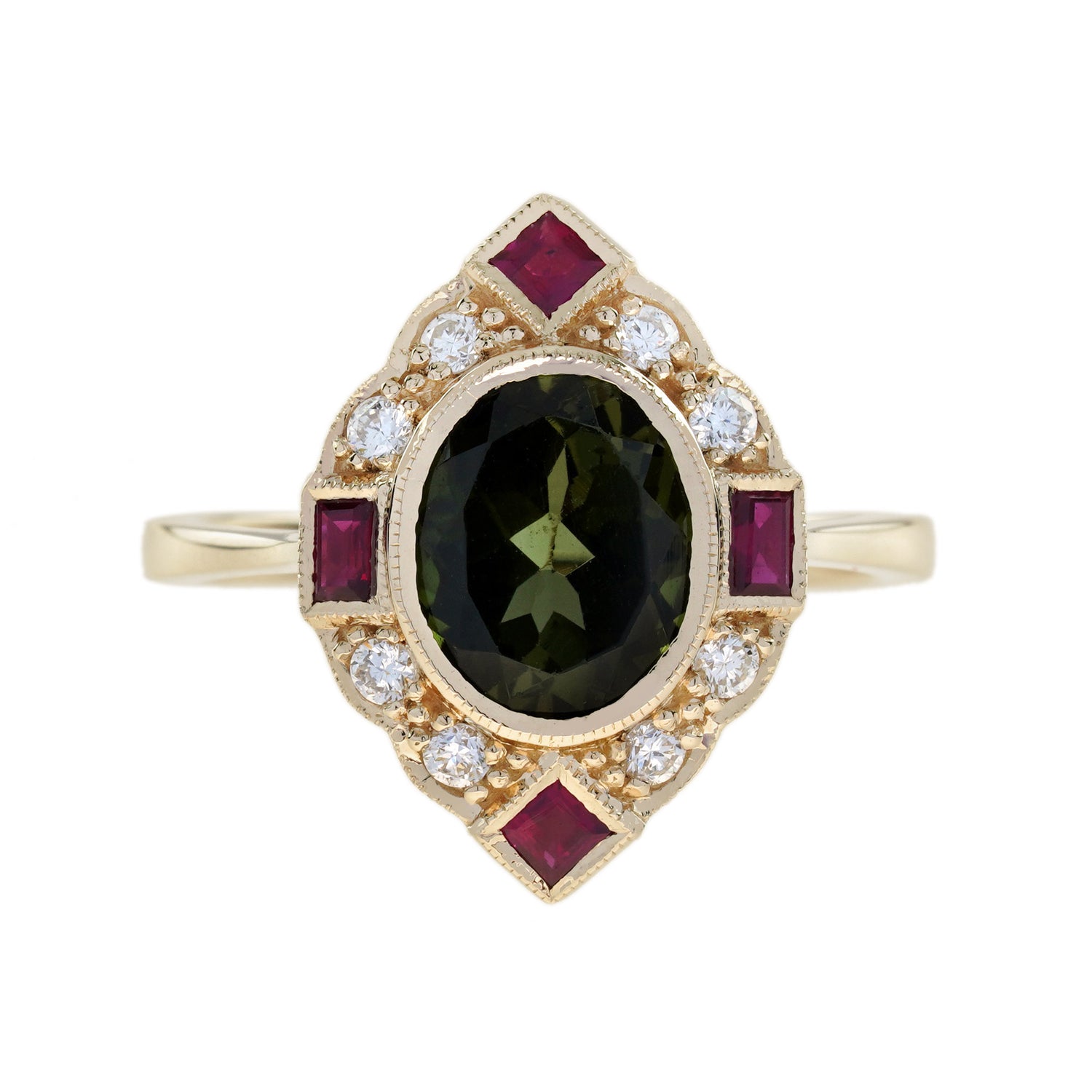 Green Tourmaline Ruby &amp; Diamond Art Deco Style Halo 14K Yellow Gold Ring