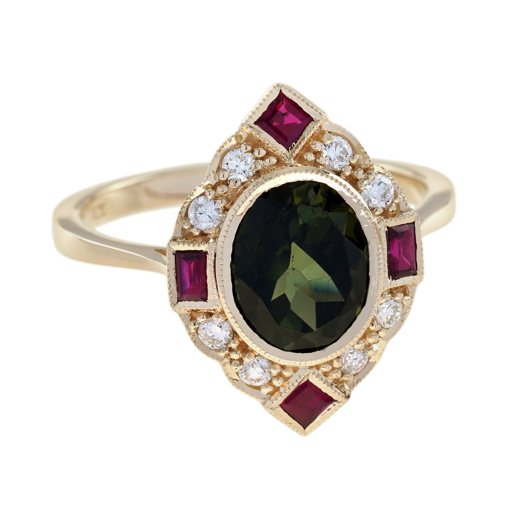 Green Tourmaline Ruby & Diamond Art Deco Style Halo 14K Yellow Gold Ring