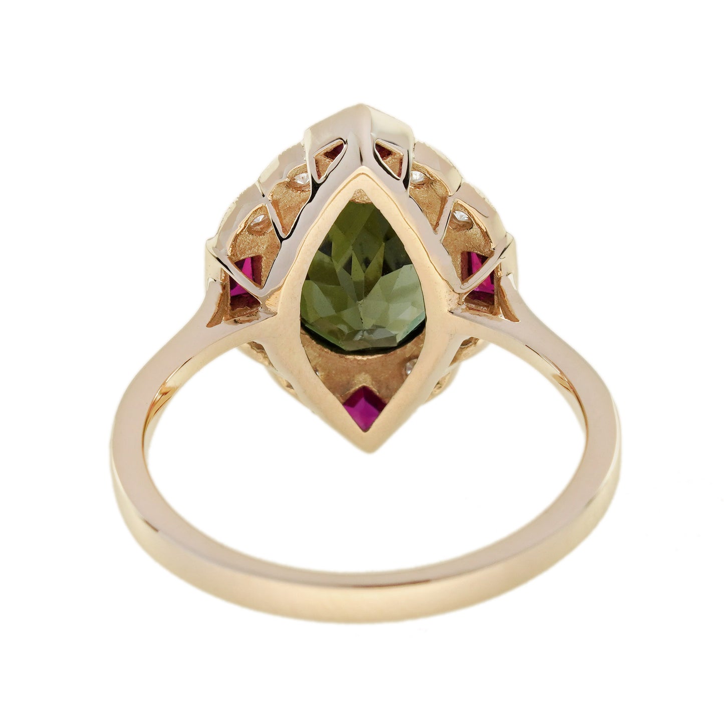 green tourmaline ruby & diamond art deco style halo 14k yellow gold ring