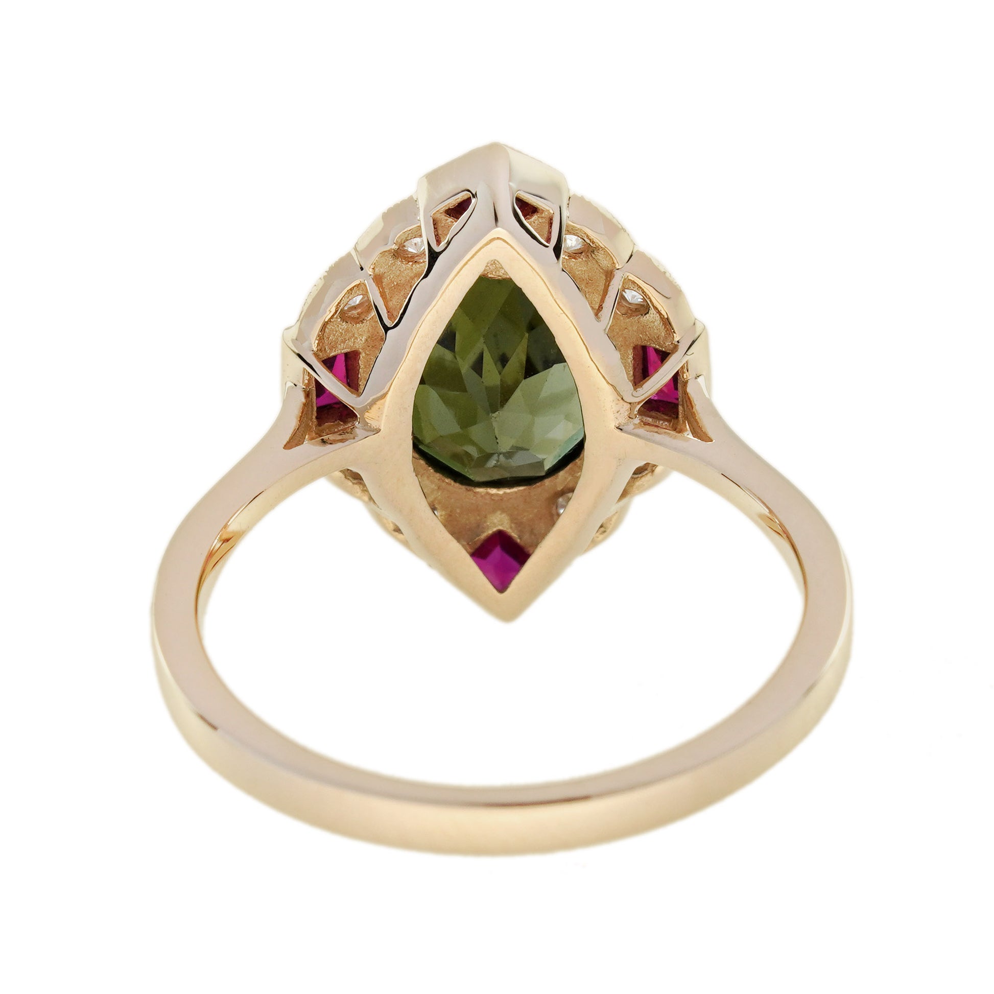 Green Tourmaline Ruby & Diamond Art Deco Style Halo 14K Yellow Gold Ring
