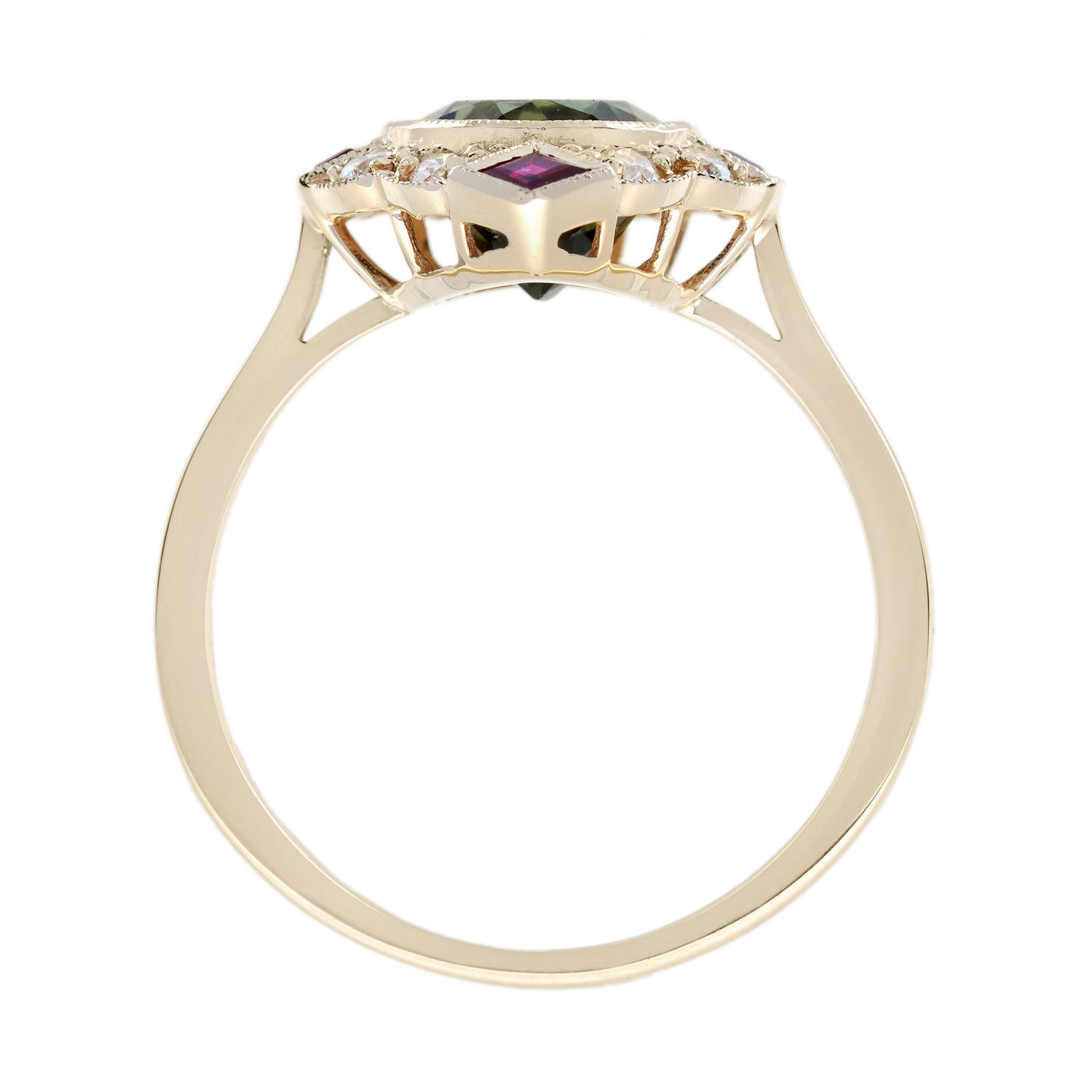 Green Tourmaline Ruby &amp; Diamond Art Deco Style Halo 14K Yellow Gold Ring