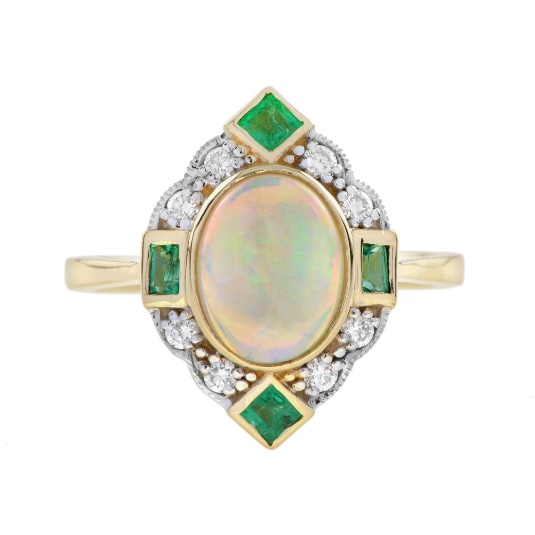 Oval White Australian Opal Emerald Diamond Art Deco Style Halo 14K Gold Ring