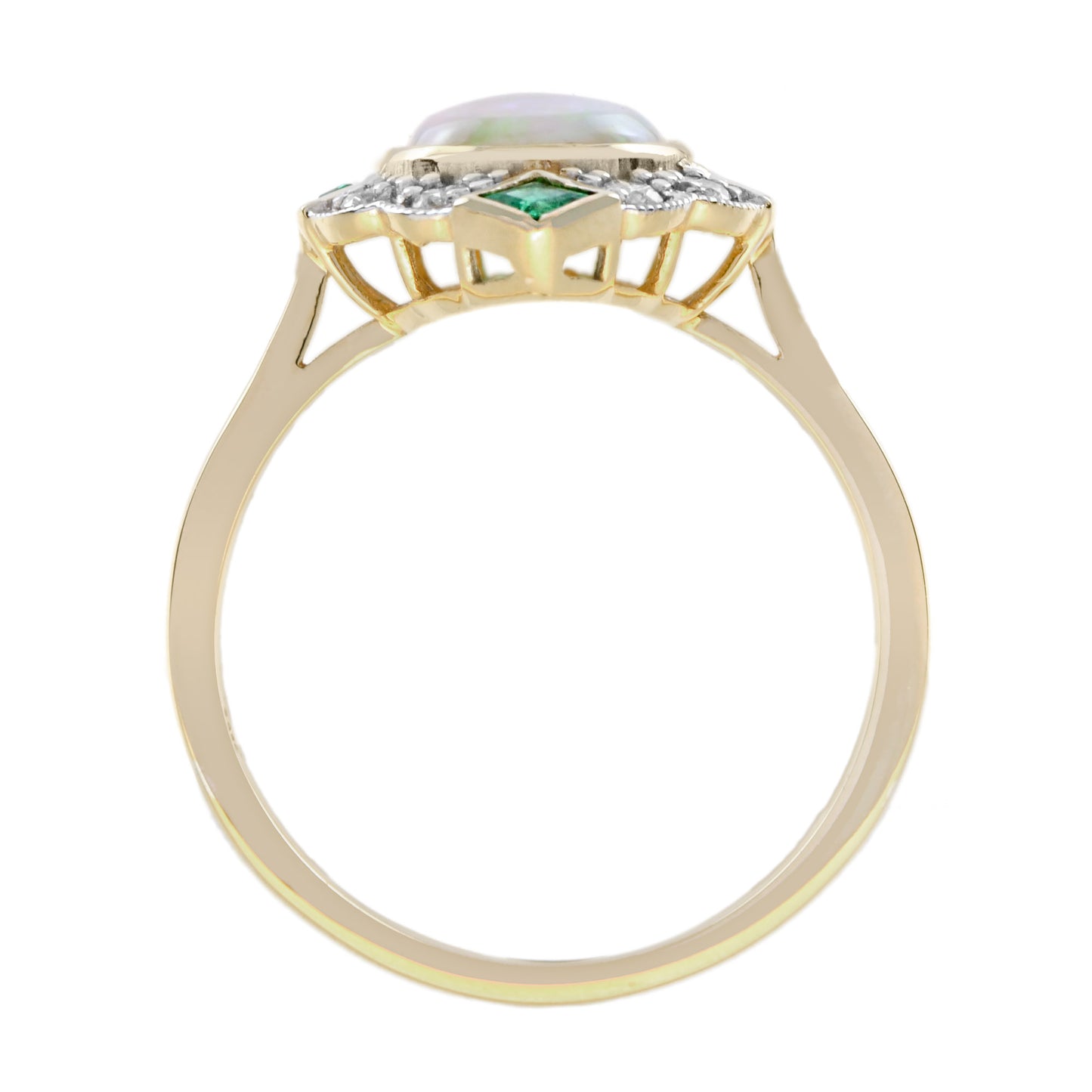 oval white australian opal emerald diamond art deco style halo 14k gold ring