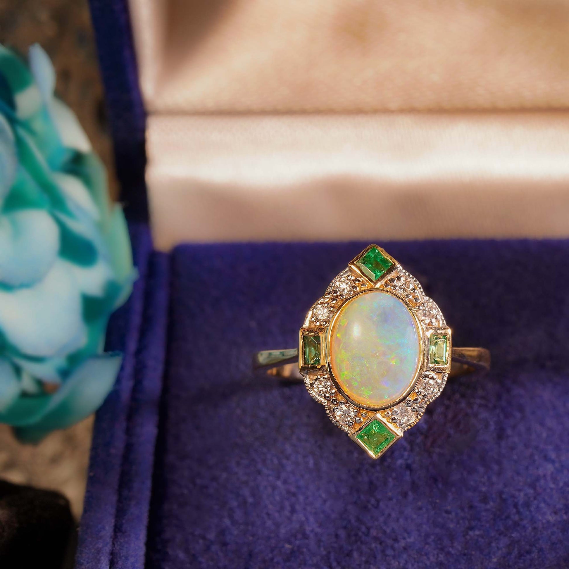 Oval White Australian Opal Emerald Diamond Art Deco Style Halo 14K Gold Ring