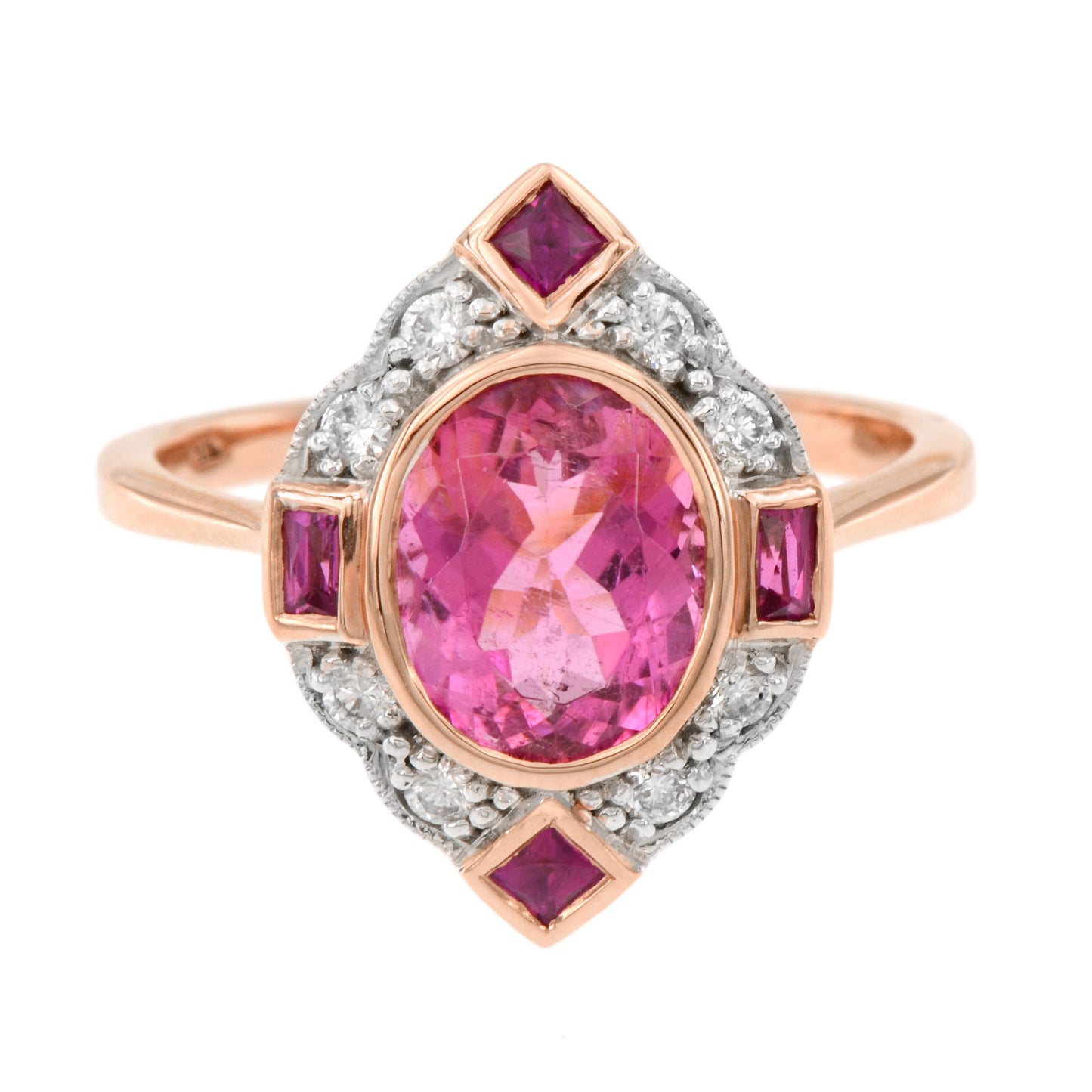 oval pink tourmaline & ruby diamond vintage inspired 14k rose white gold ring