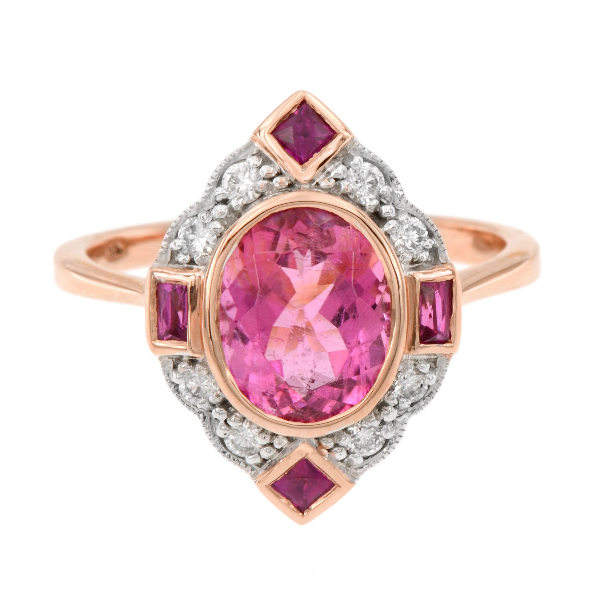 Oval Pink Tourmaline & Ruby Diamond Vintage Inspired 14K Rose White Gold Ring