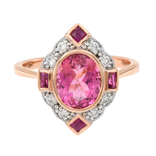 Oval Pink Tourmaline & Ruby Diamond Vintage Inspired 14K Rose White Gold Ring