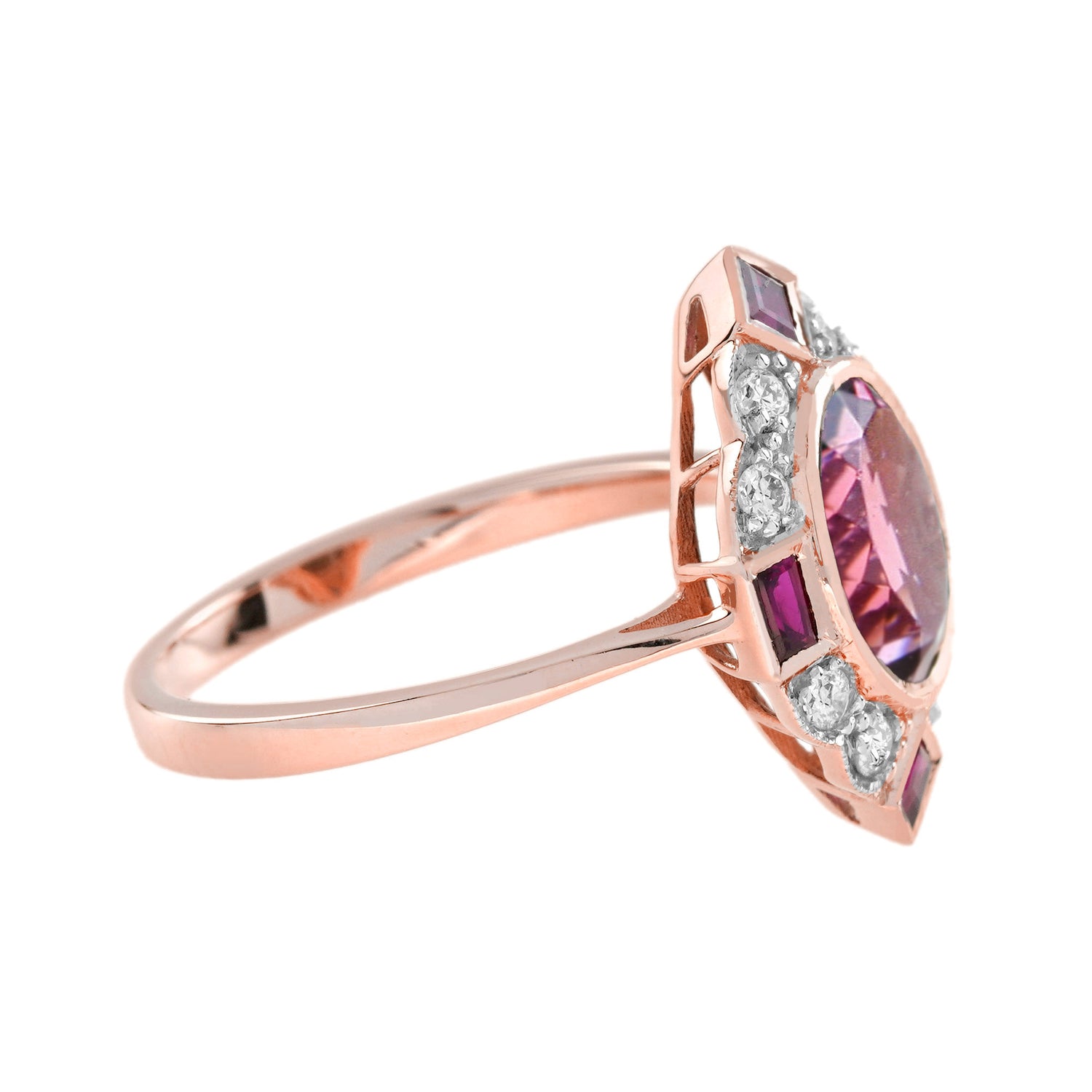 Oval Pink Tourmaline &amp; Ruby Diamond Vintage Inspired 14K Rose White Gold Ring