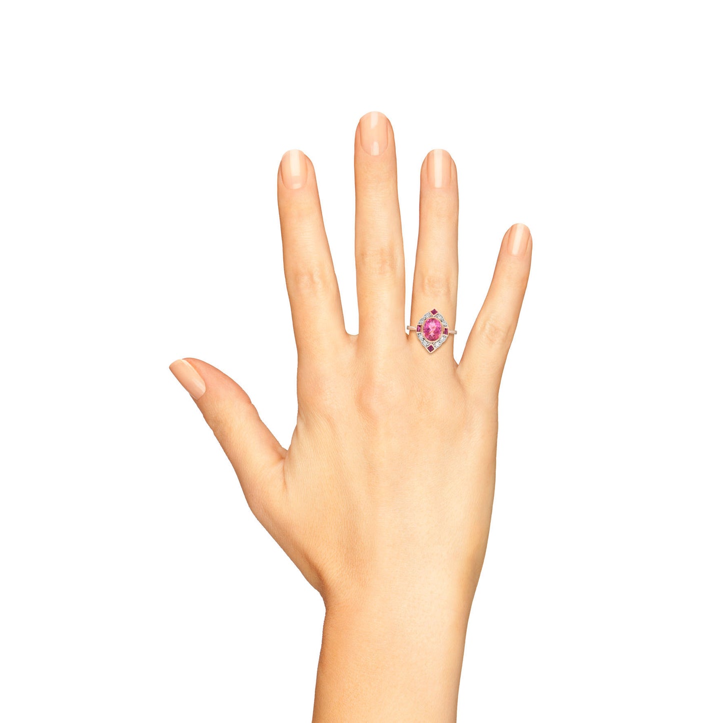 oval pink tourmaline & ruby diamond vintage inspired 14k rose white gold ring