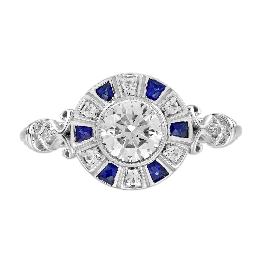 Diamond & Blue Sapphire Vintage Inspired Art Deco Style White Gold Ring