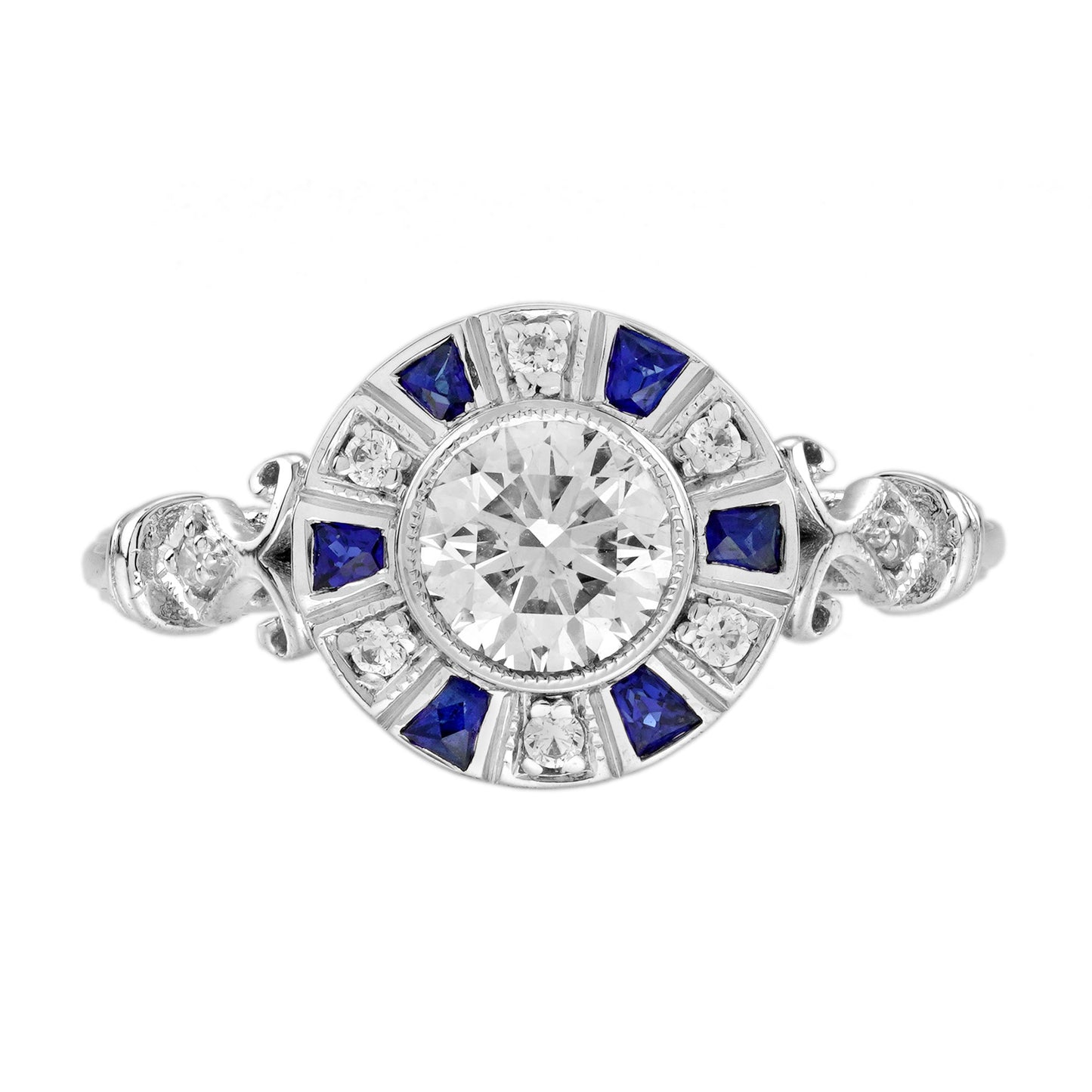 diamond & blue sapphire vintage inspired art deco style white gold ring