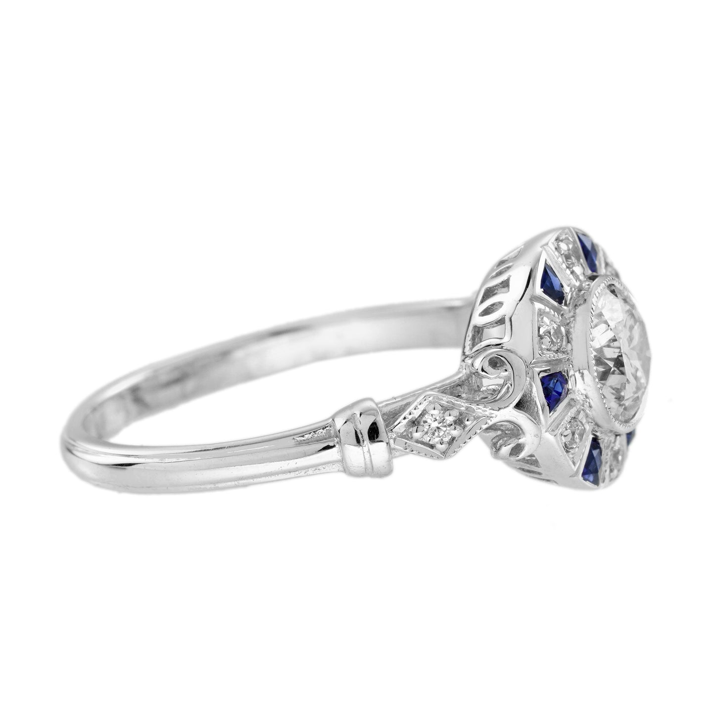 diamond & blue sapphire vintage inspired art deco style white gold ring