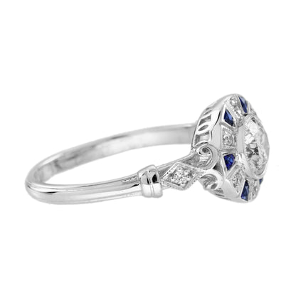 Diamond & Blue Sapphire Vintage Inspired Art Deco Style White Gold Ring