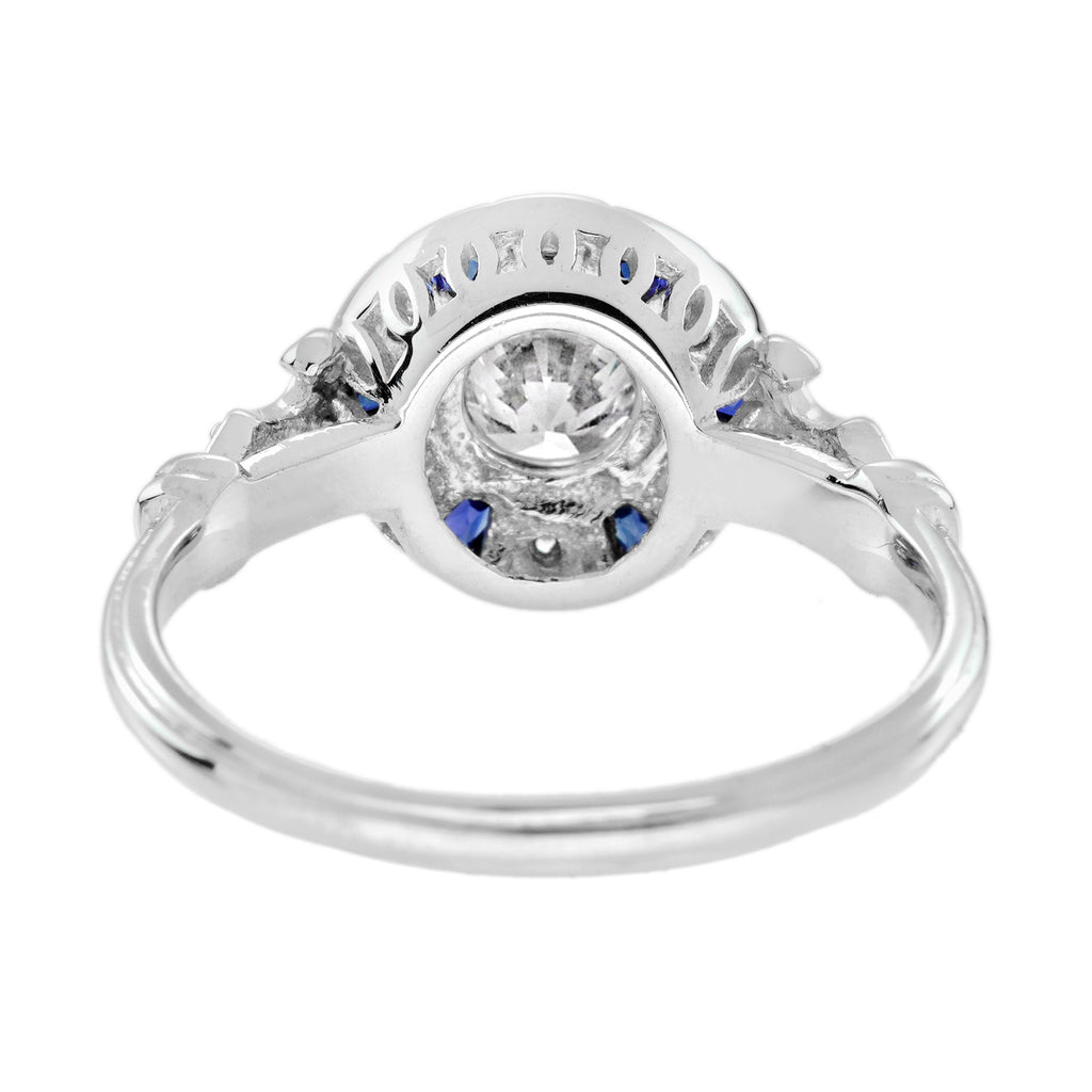 Diamond & Blue Sapphire Vintage Inspired Art Deco Style White Gold Ring