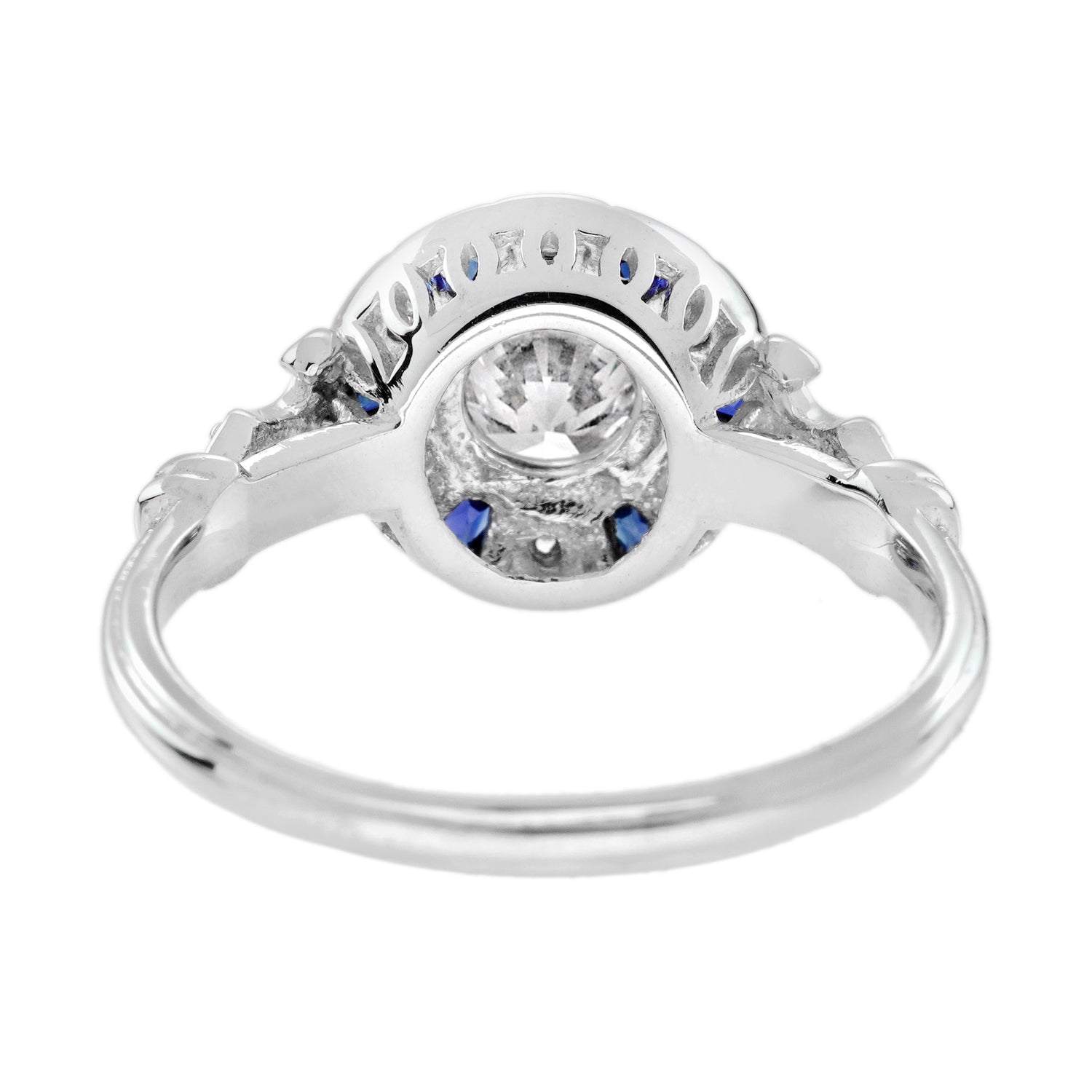 Diamond &amp; Blue Sapphire Vintage Inspired Art Deco Style White Gold Ring