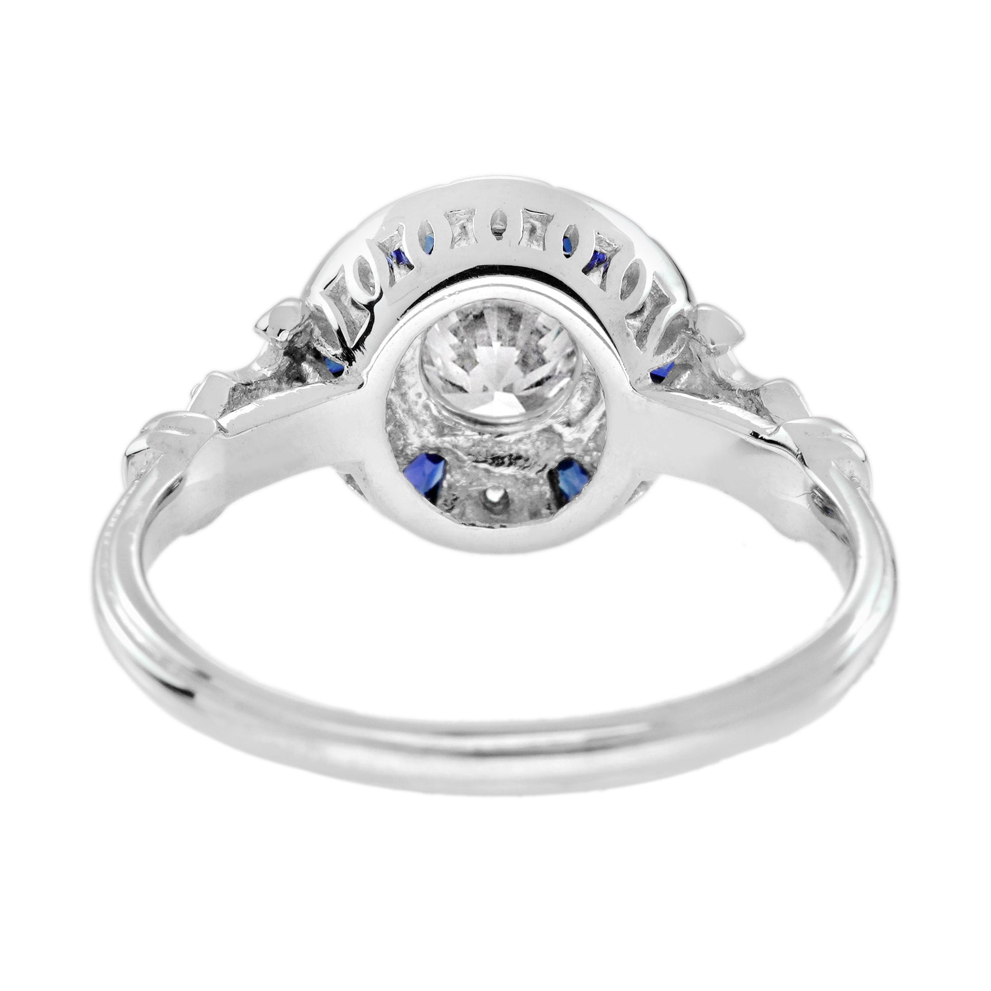 Diamond & Blue Sapphire Vintage Inspired Art Deco Style White Gold Ring