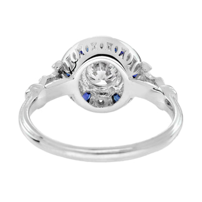 Diamond & Blue Sapphire Vintage Inspired Art Deco Style White Gold Ring
