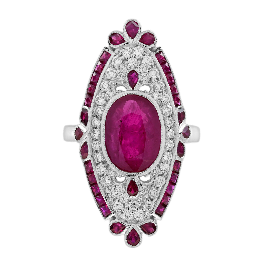 Red Pink Ruby &amp; Diamond Pave Set Art Deco Style Cocktail White Gold Ring