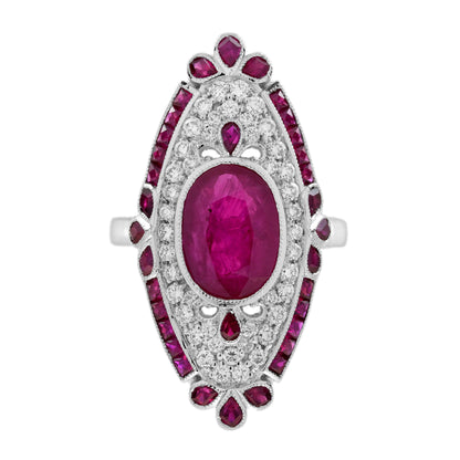 Red Pink Ruby &amp; Diamond Pave Set Art Deco Style Cocktail White Gold Ring